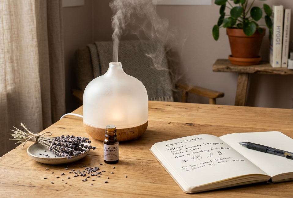 Sklenený difuzér uvoľňujúci jemný dym vedľa otvoreného zápisníka a sušenej levandule